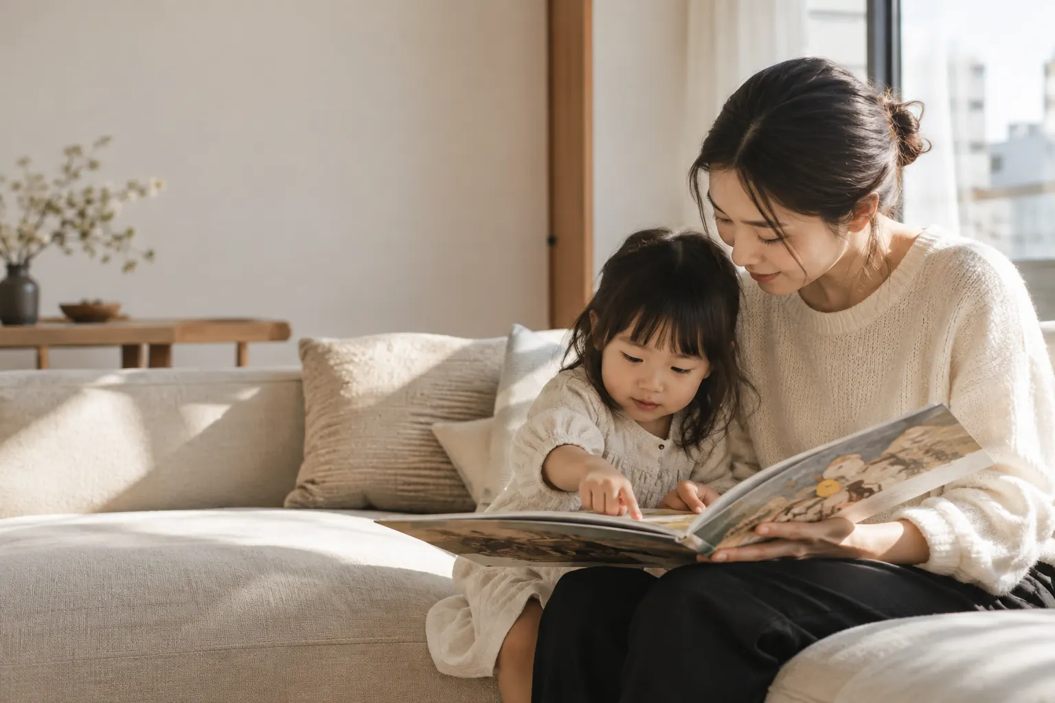 A caregiver and child sharing a picture book in a calm apartment